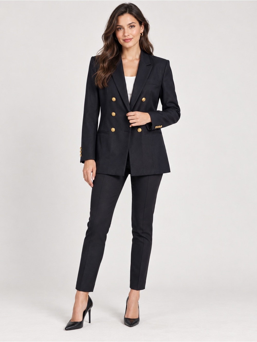 Jessica London Black Double-Breasted Blazer with Gold Buttons & Cropped Pants